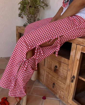 Red Check Trousers with Slit Drawstring