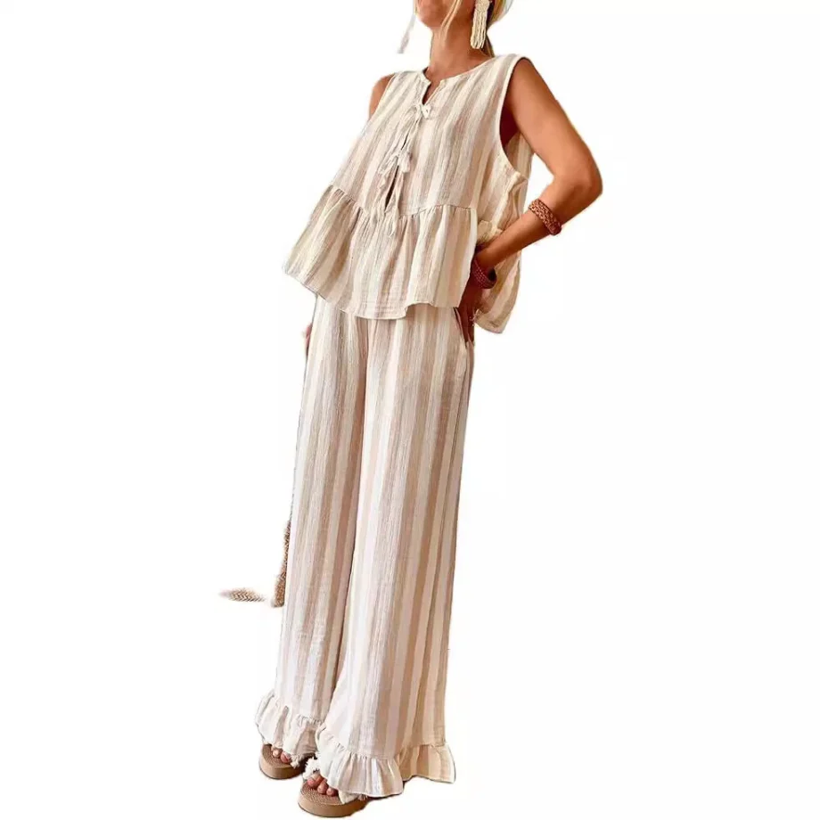 Tie Striped Vest Top Casual Pants Set - Image 5