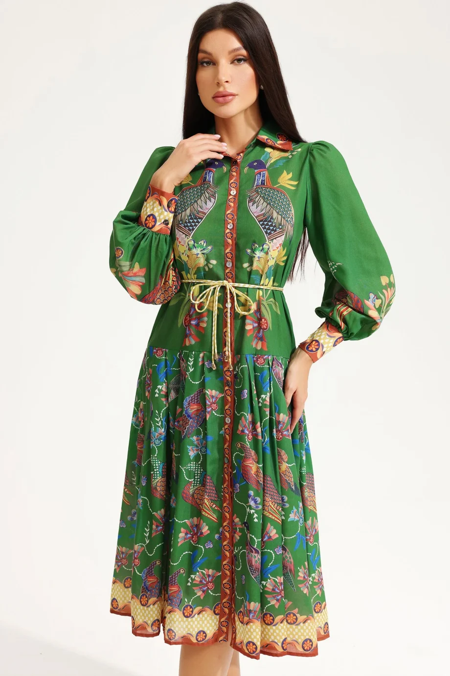 Lapel Lantern Sleeve Printed Large Hemline Long Dress - Image 2