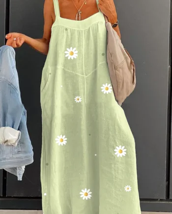 Women's Green Fresh Daisy Large Size Loose Strap Printed Dress Long Skirt