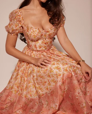 Floral Print Puff Sleeve Cinch Waist Colorblock Midi Dresses