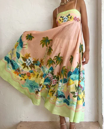 Coconut Scenery Linen Blend Tropical Print Smocked Back Midi Dress