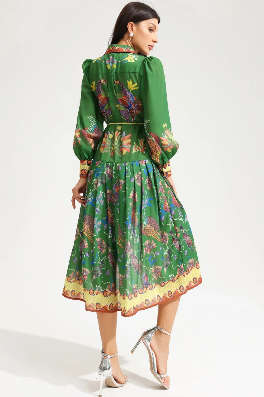 Lapel Lantern Sleeve Printed Large Hemline Long Dress - Image 3