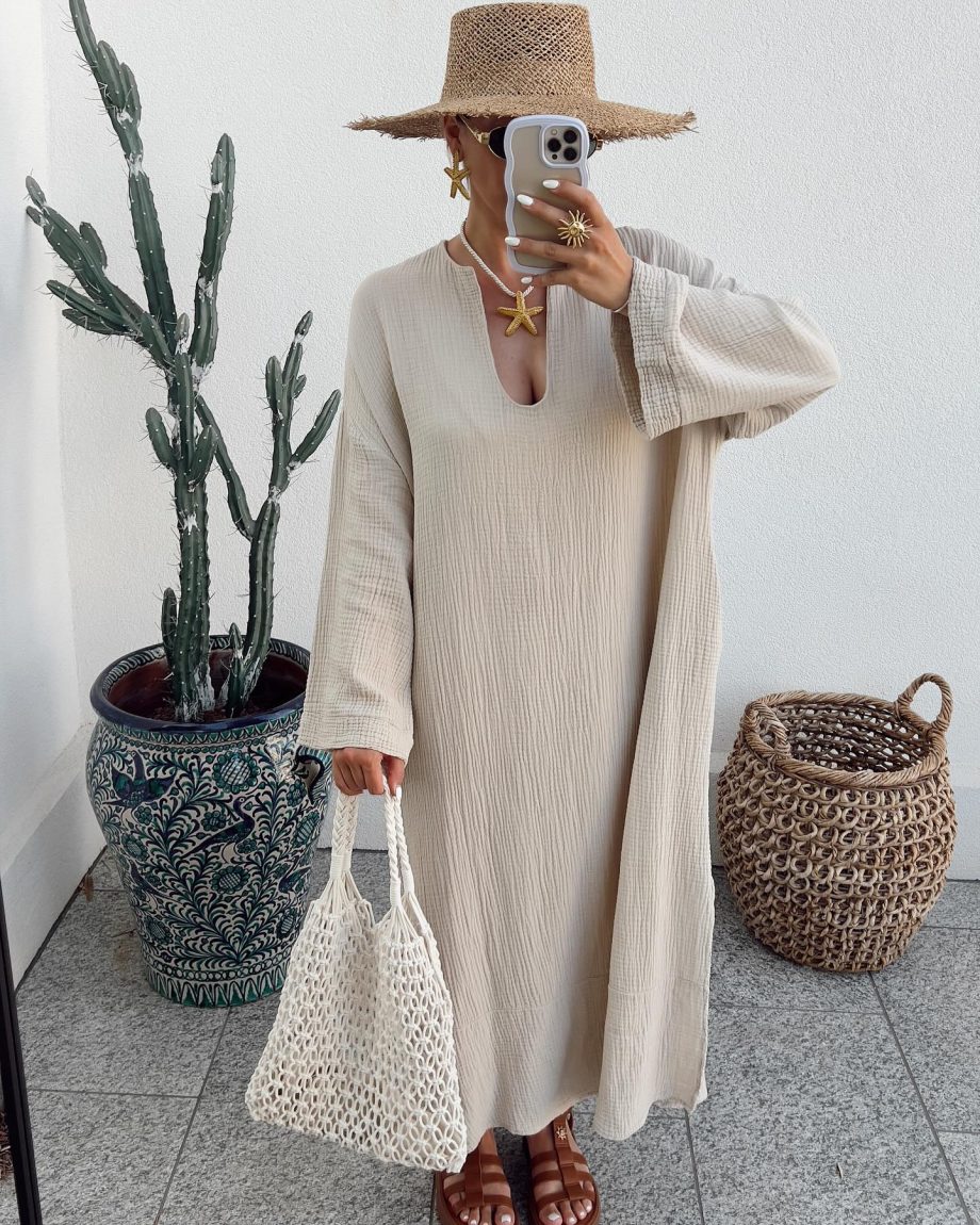 Solid Color Long Sleeve Cotton and Linen Dress - Image 4