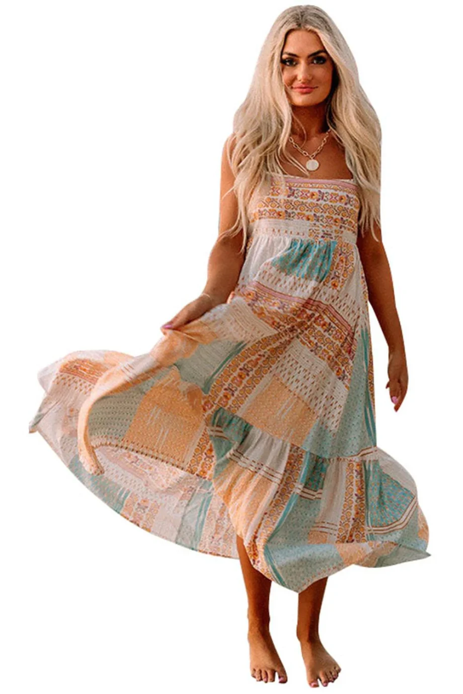 Multicolor Boho Patchwork Print Square Neck Sundress - Image 16