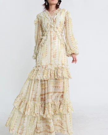 V-Neck Lace Puff Sleeve Tiered Ruffle Hem Maxi Dress Yellow