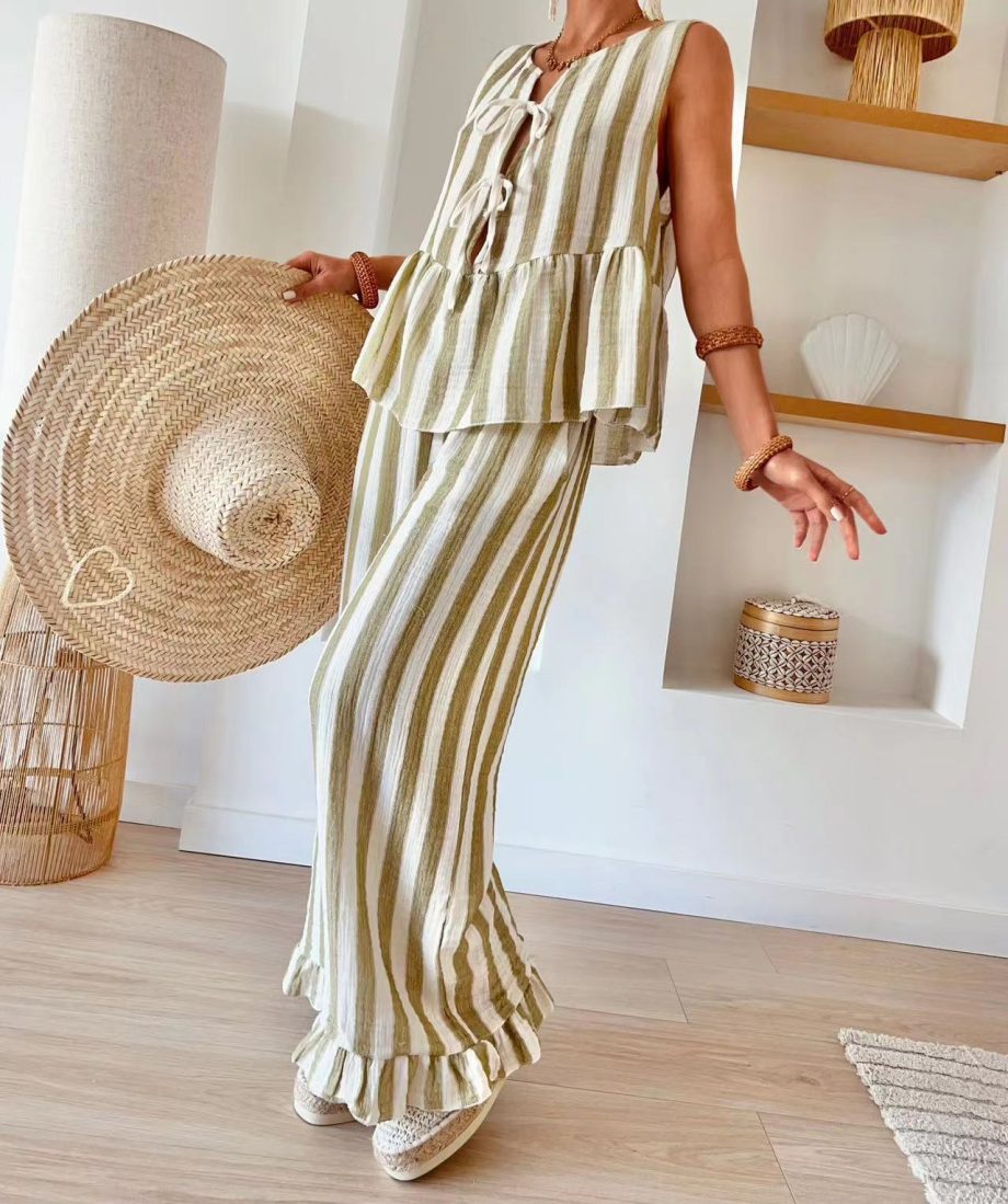 Tie Striped Vest Top Casual Pants Set - Image 16