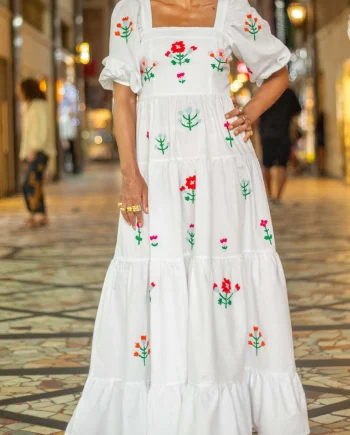 Floral Embroidery Square Neck Puff Sleeve Long Dress