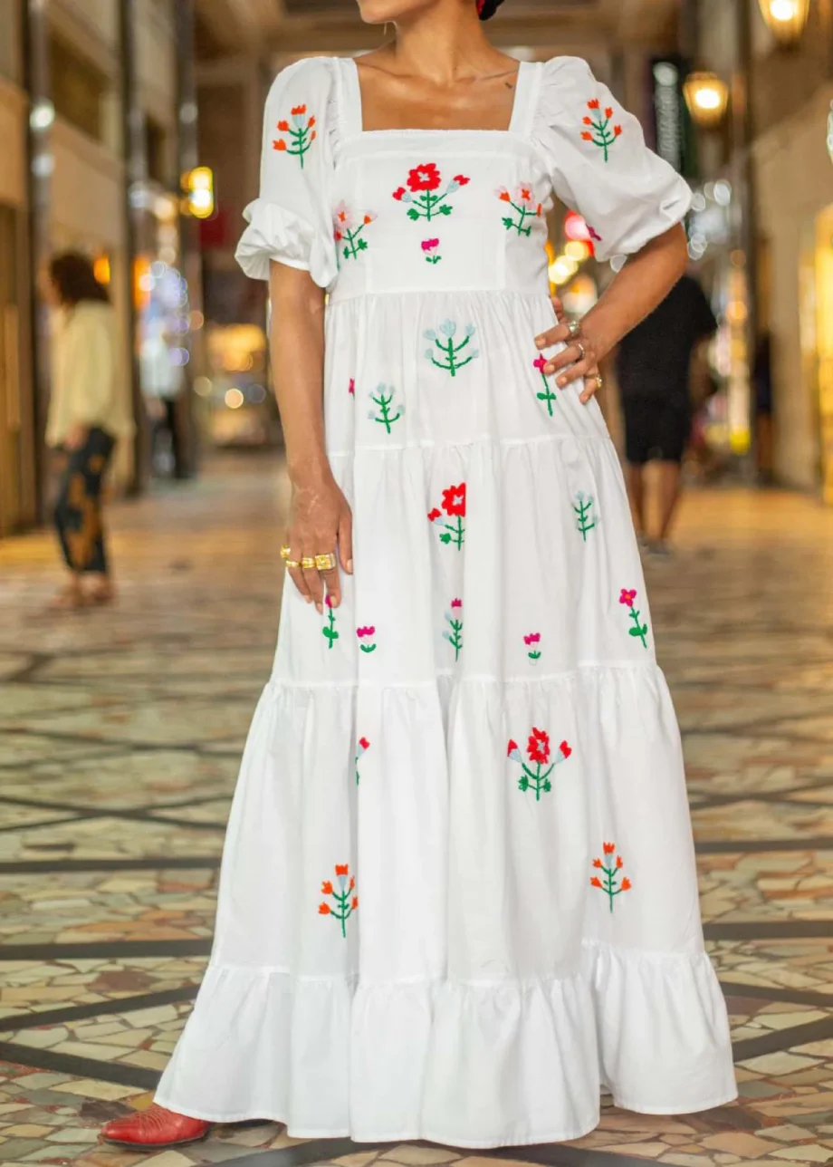 Floral Embroidery Square Neck Puff Sleeve Long Dress