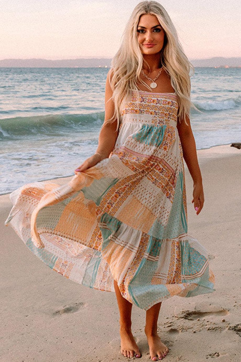 Multicolor Boho Patchwork Print Square Neck Sundress - Image 5