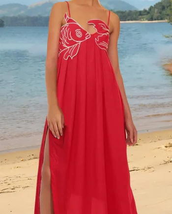 Red Fish Shaped Top Slit Maxi Dress