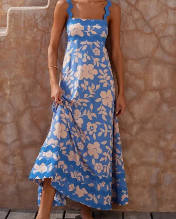 Blue Floral Lace Stitching Wave Suspender Maxi Dress