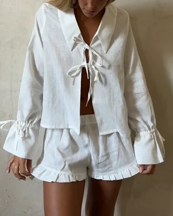 Women's Cotton and Linen Lace-up Shirt and Shorts Loose Suit