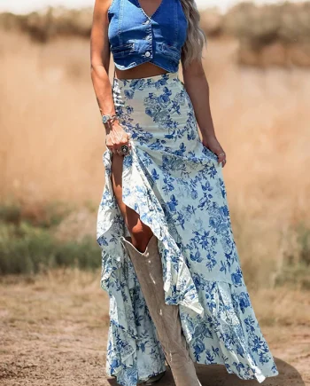 Southern Floral Print Ruffled Slit Maxi Skirt