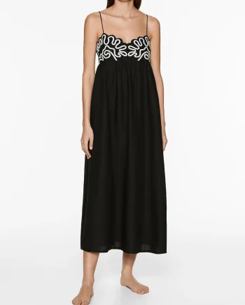 Classic Linen Floral Patchwork Suspender Midi Dress