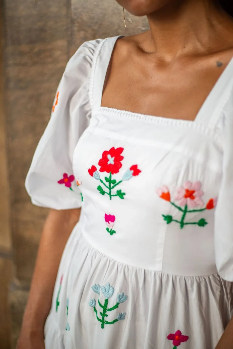 Floral Embroidery Square Neck Puff Sleeve Long Dress - Image 3