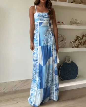 Vacation backless printed suspender dress