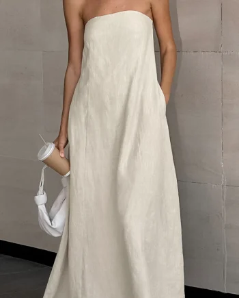Cotton and Linen Tube Top Holiday Style High Waist Dress