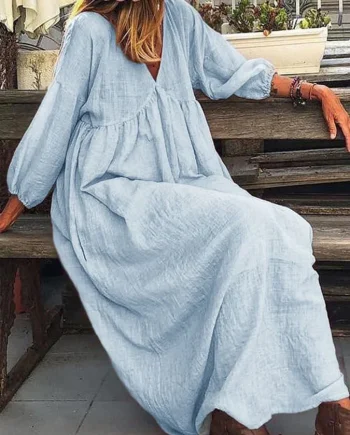 Women's Cotton Linen V-neck Split Joint Princess Dresses