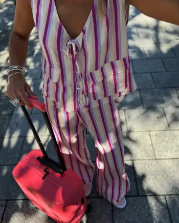 Sleeveless Tie Top and Trousers Striped Set