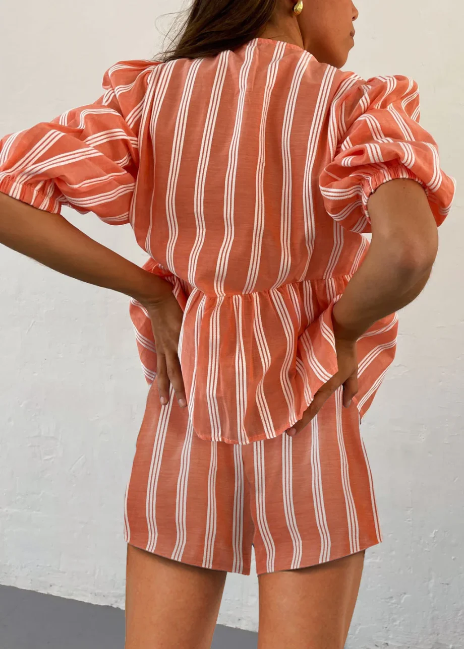 Women's Drawstring Striped Short Sleeve Shorts Set - Image 6