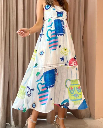 She's The Fun Linen Blend Playful Print Ladder Trim Midi Dress