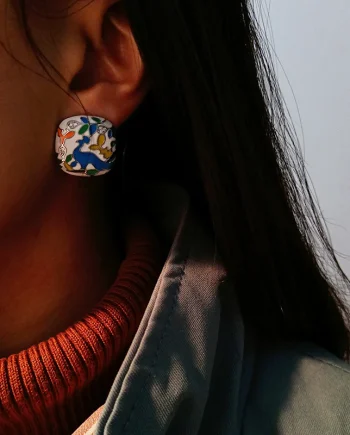 Enamel Flower and Bird Earrings Multicolored Enamel Square Earrings