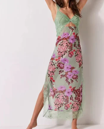 Green Lace Backless Slit Printed Long Dress