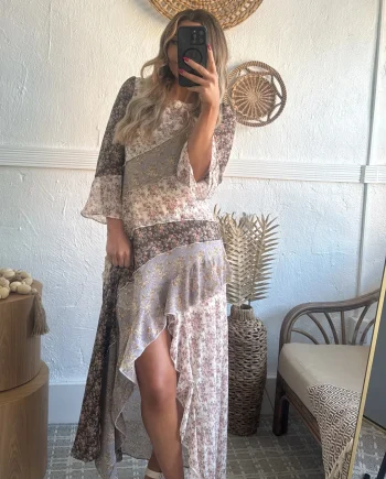 Floral Print 3/4 Sleeve Panel Maxi Dress