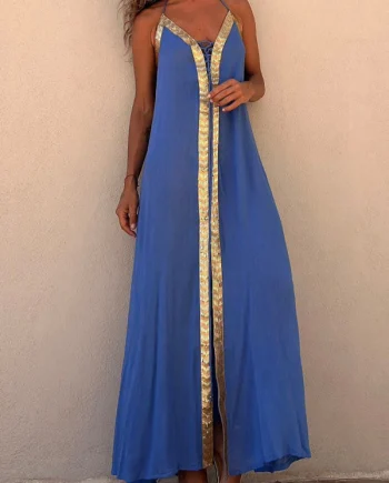 Del Mar Sequin Trim Lace-up Halter Elastic Back Maxi Dress