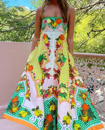 Cotton and Linen Strap Fruit Print Sleeveless Swing Dress
