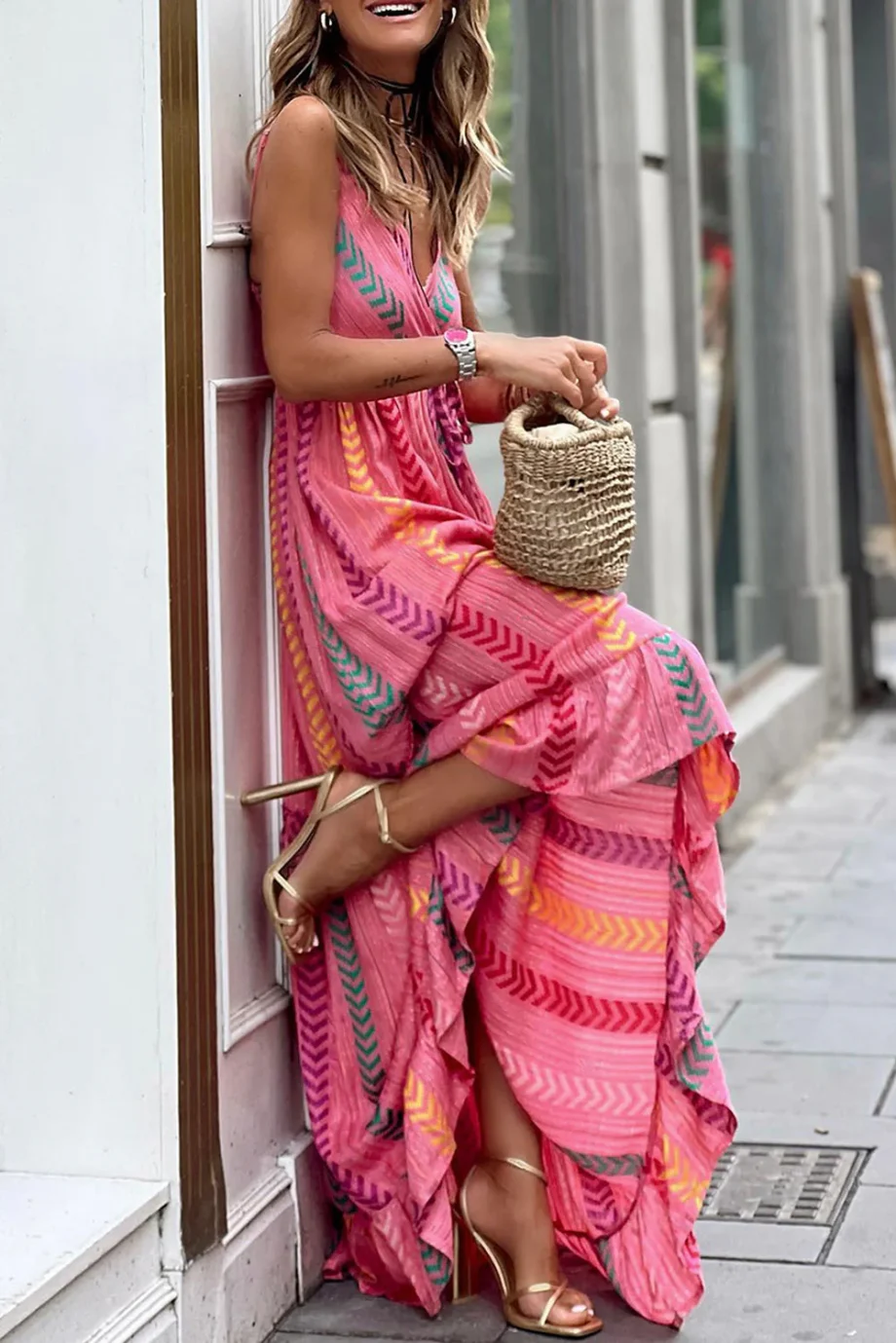 Pink Western Printed Tassel Tie V Neck Wrap Maxi Dress - Image 3