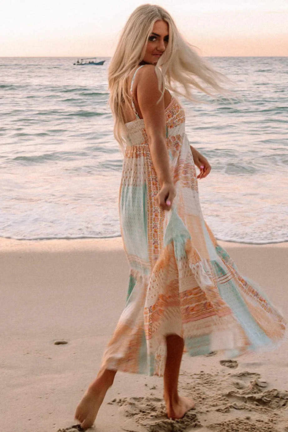 Multicolor Boho Patchwork Print Square Neck Sundress - Image 3
