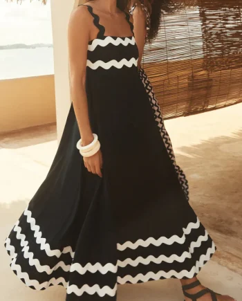 Lace Stitching Wave Suspender Black Maxi Dress