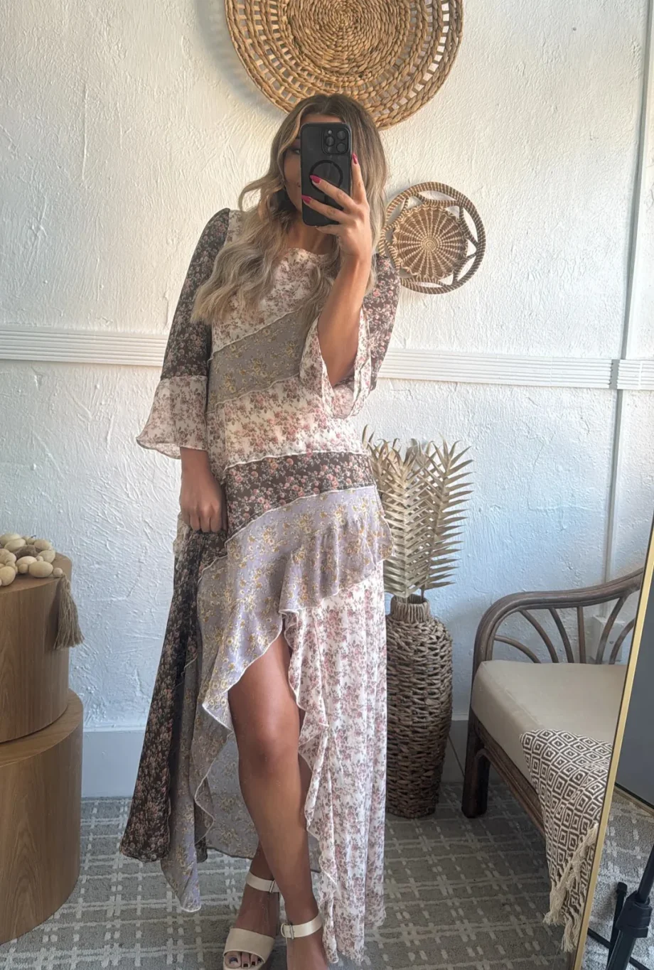 Floral Print 3/4 Sleeve Panel Maxi Dress - Image 2