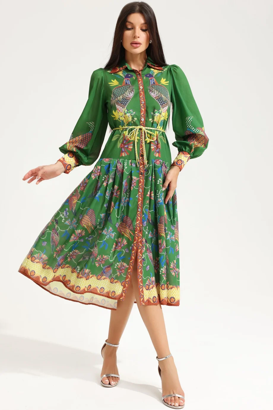 Lapel Lantern Sleeve Printed Large Hemline Long Dress - Image 6