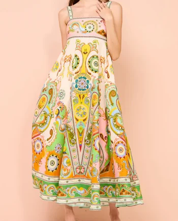 Graffiti Print Sleeveless Bow Large Swing Cotton Linen Dress