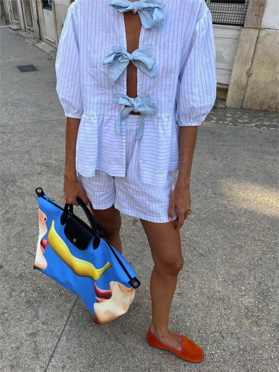 Blue Bow Striped Blouse Set - Image 4