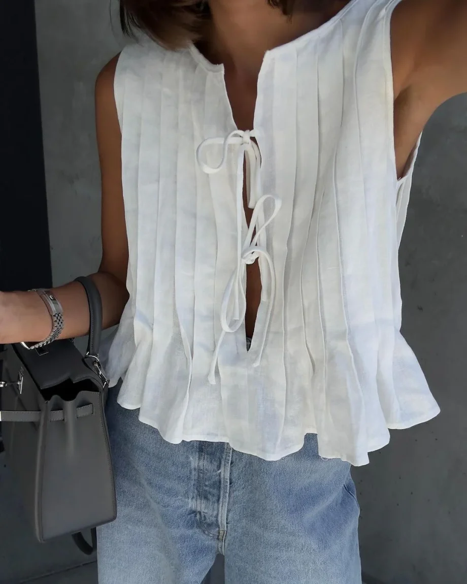 Cotton and Linen Sleeveless Tie-Strap Shirt Long Dress Set - Image 2