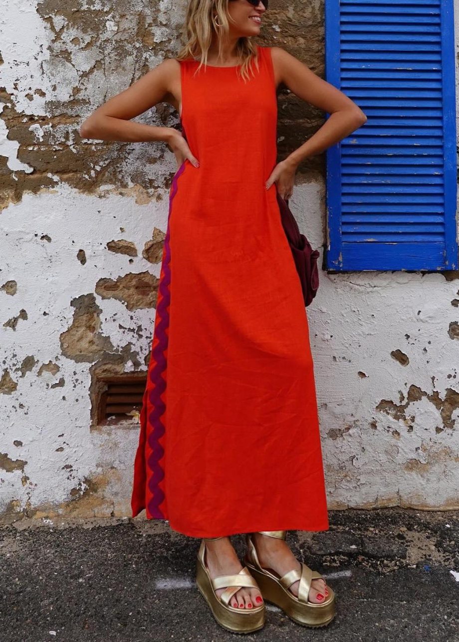 Casual vest solid color lace stitching long dress - Image 4