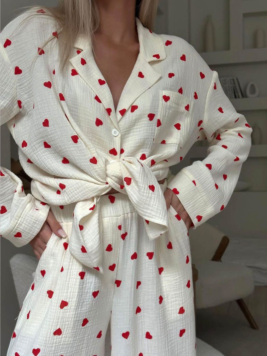 Cute Heart Print Button Down Shirt Pajama Sets - Image 6