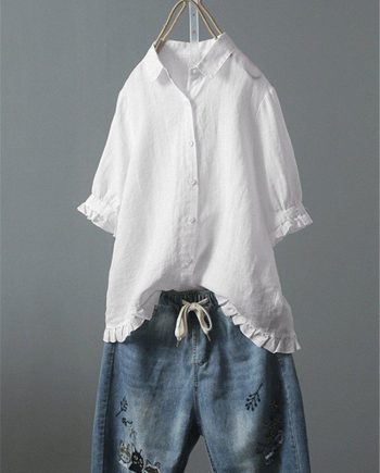 Solid Casual 3/4 Sleeve Turn-down Collar Tops
