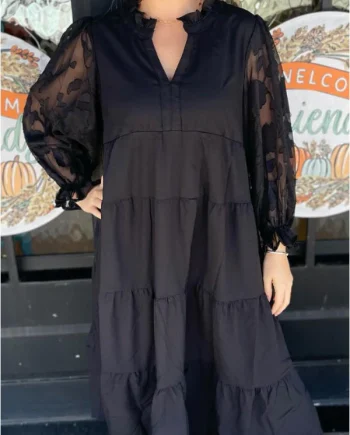 Black Midi Dress with Sheer Floral Sleeves