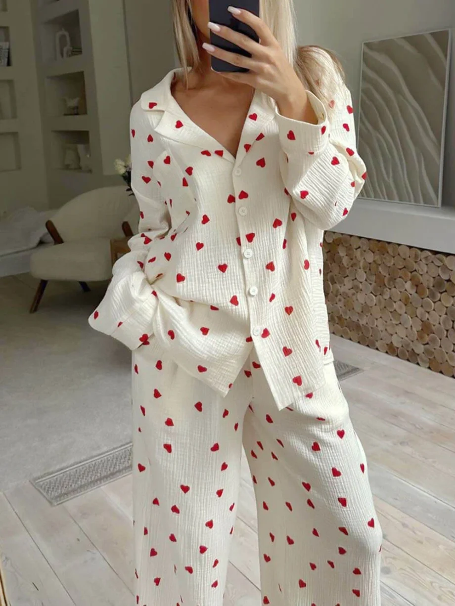 Cute Heart Print Button Down Shirt Pajama Sets - Image 3