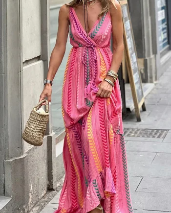 Pink Western Printed Tassel Tie V Neck Wrap Maxi Dress