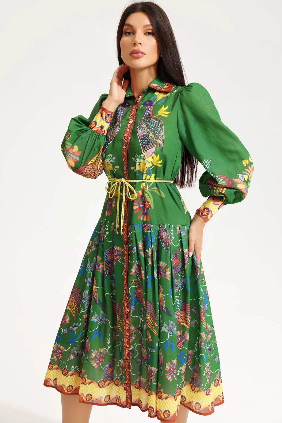 Lapel Lantern Sleeve Printed Large Hemline Long Dress - Image 5