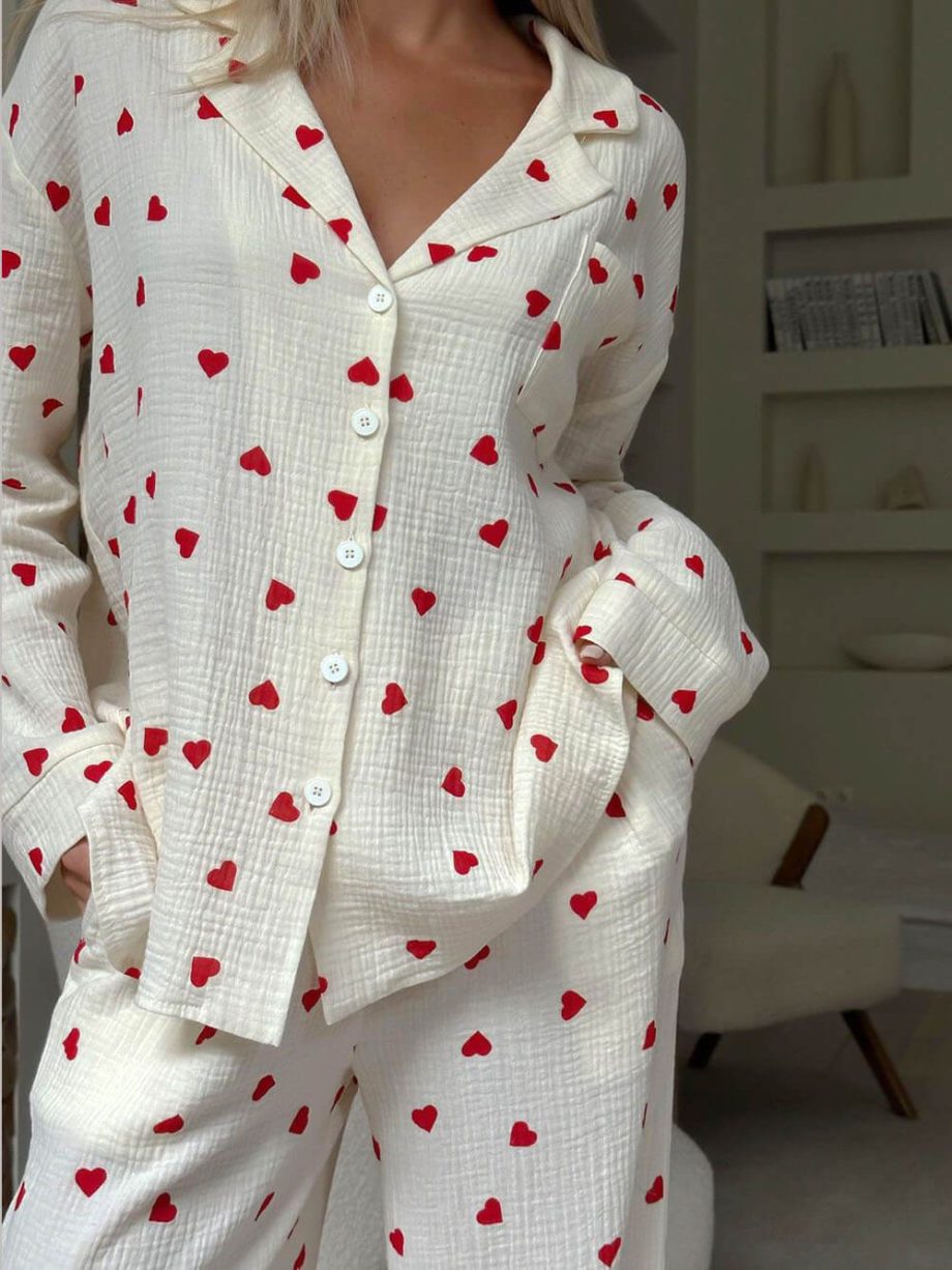 Cute Heart Print Button Down Shirt Pajama Sets - Image 7
