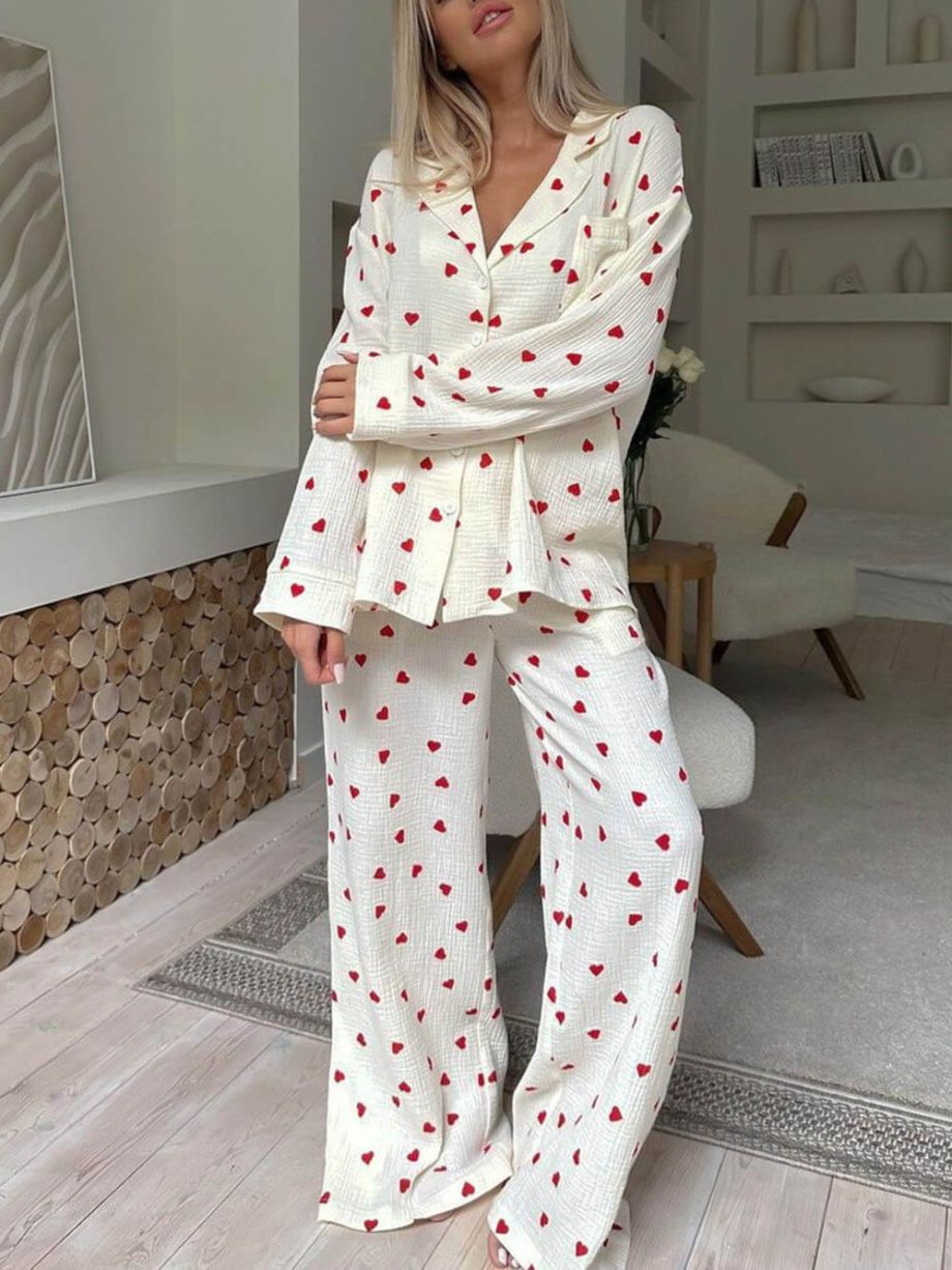 Cute Heart Print Button Down Shirt Pajama Sets - Image 2