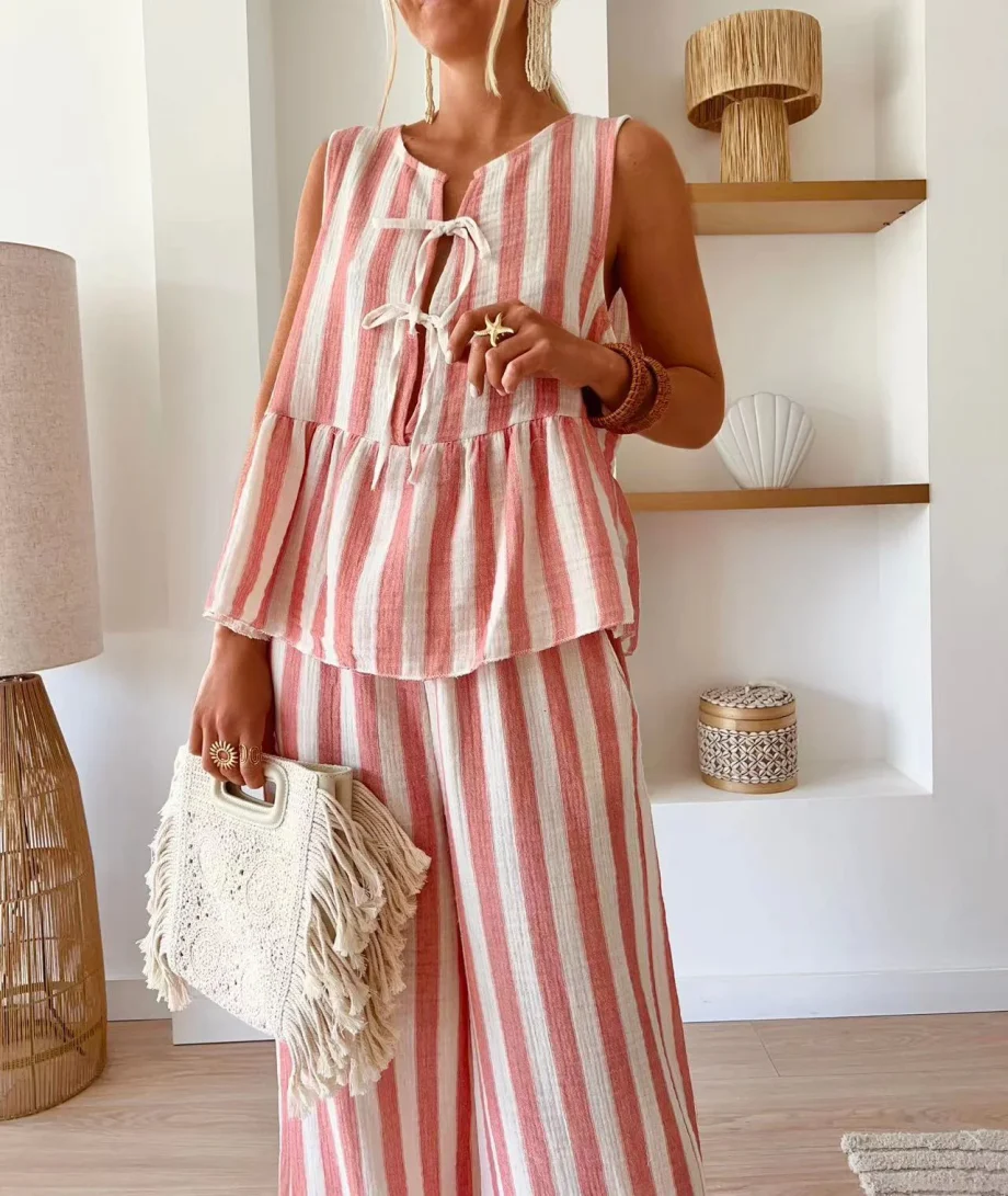 Tie Striped Vest Top Casual Pants Set - Image 8