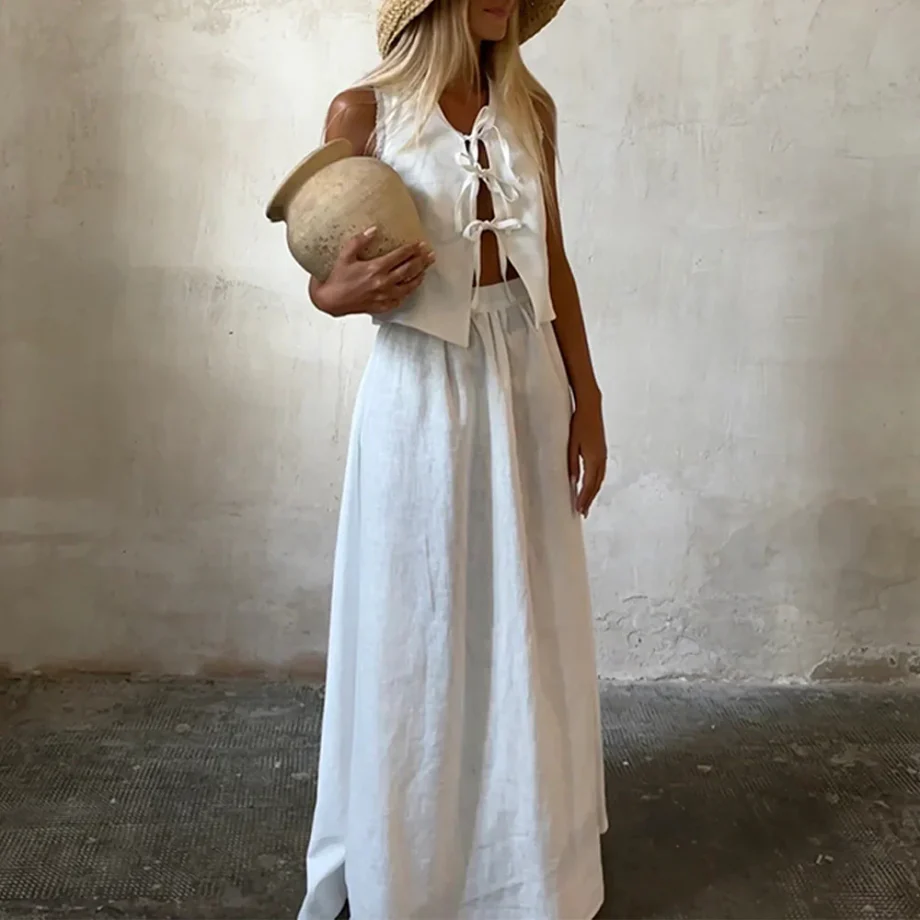Women's Cotton and Linen Lace-up Sleeveless Vest Long Skirt Suit - Image 2